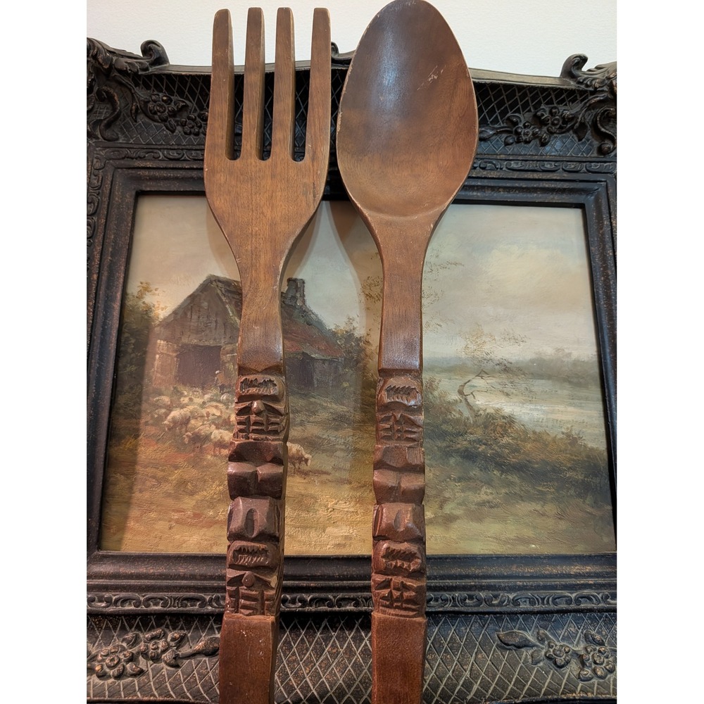 Vintage Giant Wooden Fork and Spoon Wall Decor 22 Inch Tiki Totem Philippines